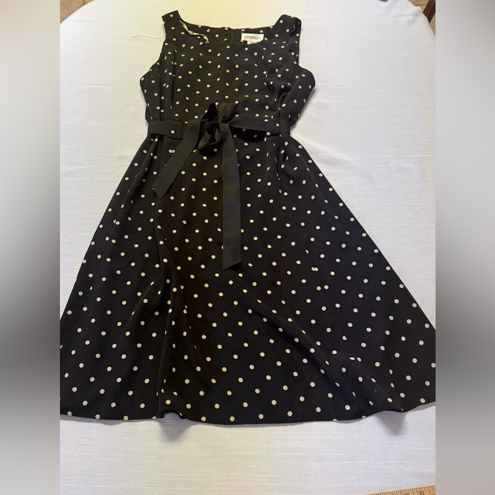 Studio I Black Polka Dot Fit & Flare Dress Size 14 Belted